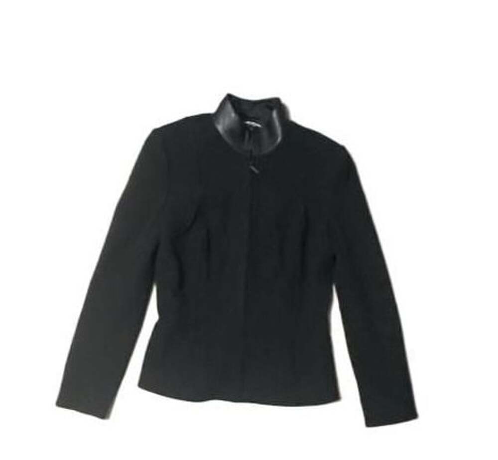 Heidi Weisel Blazer Size 6 Black Wool Leather Collar Zip